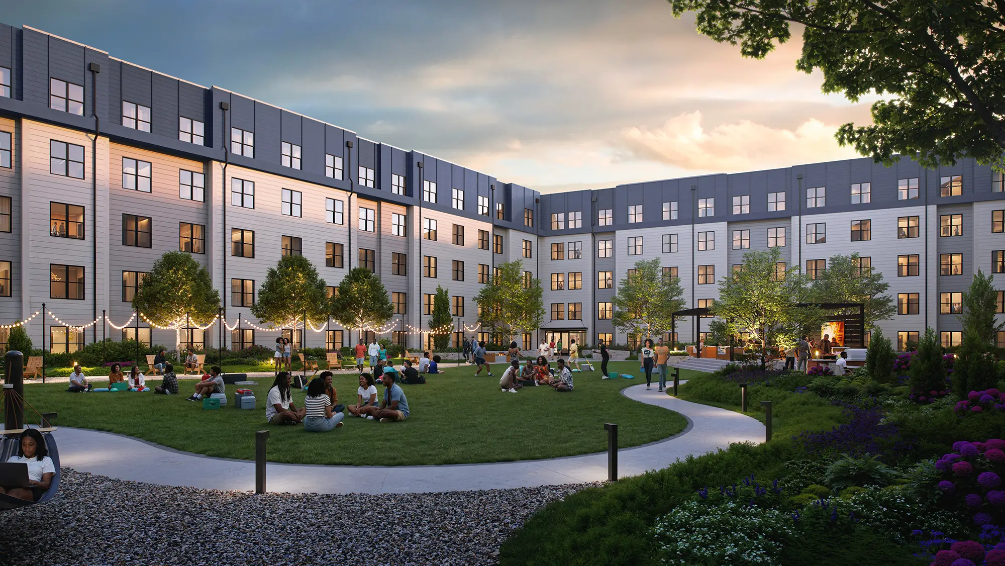 A rendering of students relaxing and studying in the courtyard of The Den Eight50 West at dusk